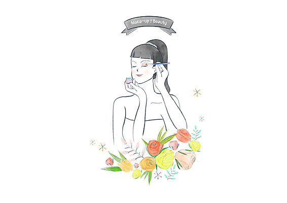 PSD 여자 꽃 일러스트 수채화 한명 미소 사람 상반신 성인 화장 뷰티 아이섀도 메이크업브러쉬 성인여자한명만 국내일러스트 식물 1 표정 화장품 붓 여자한명만 성인여자만 파일형식
