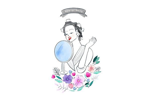 PSD 응시 여자 꽃 일러스트 수채화 한명 사람 상반신 성인 화장 뷰티 거울 립스틱 바르기 헤어롤 성인여자한명만 국내일러스트 식물 1 시선 모션 화장품 미용용품 여자한명만 성인여자만 파일형식