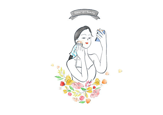 PSD 응시 여자 꽃 일러스트 수채화 한명 미소 사람 상반신 성인 화장 뷰티 파우더팩트 성인여자한명만 국내일러스트 식물 1 시선 표정 화장품 여자한명만 성인여자만 파일형식