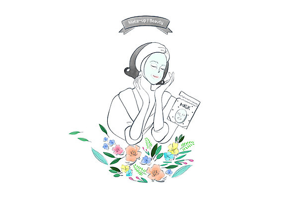 PSD 여자 꽃 일러스트 수채화 한명 미소 사람 상반신 성인 뷰티 피부관리 마스크팩 성인여자한명만 국내일러스트 식물 1 표정 팩 여자한명만 성인여자만 파일형식