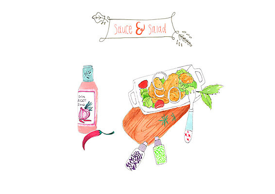 PSD 음식 포크 일러스트 고추 사람없음 샐러드 소스 나무도마 국내일러스트 식기 채소 도마 목재 양념 파일형식