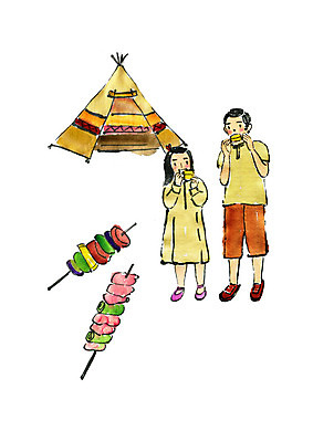 전신 PSD 여자 남자 어린이 일러스트 캘리그라피 붓터치 수채화 남매 텐트 서기 미소 사람 두명 캠핑 먹기 번짐 꼬치구이 어린이만 국내일러스트 가족 모션 레저 표정 캠핑도구 꼬치 구이 파일형식 효과