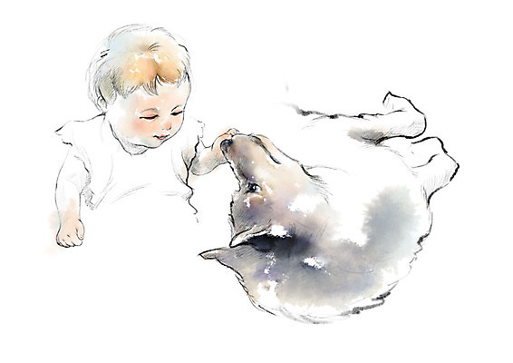 PSD 한마리 응시 일러스트 캘리그라피 붓터치 한명 미소 사람 상반신 눕기 만지기 아기 강아지 번짐 소통 반려 아기만 국내일러스트 1 시선 컨셉 모션 표정 반려동물 개 파일형식 효과