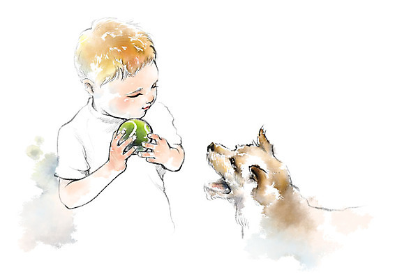 PSD 한마리 응시 일러스트 캘리그라피 공 붓터치 한명 미소 사람 상반신 아기 강아지 번짐 소통 반려 아기만 국내일러스트 1 시선 컨셉 표정 반려동물 개 파일형식 효과