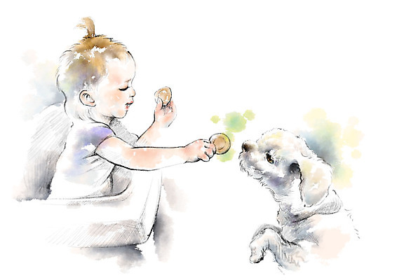 PSD 한마리 여자 일러스트 캘리그라피 붓터치 한명 미소 사람 앉기 상반신 과자 아기 강아지 주기 번짐 소통 반려 아기의자 아기만 여자아기한명만 국내일러스트 1 컨셉 의자 모션 디저트 표정 반려동물 개 여자한명만 여자아기만 파일형식 효과