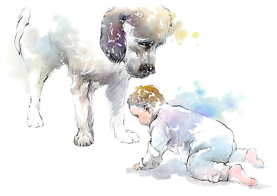 전신 PSD 한마리 응시 일러스트 캘리그라피 붓터치 한명 사람 아기 강아지 번짐 기어가기 소통 반려 아기만 국내일러스트 1 시선 컨셉 모션 반려동물 개 파일형식 효과