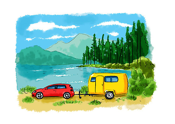 PSD 나무 호수 여행 일러스트 자동차 자연 붓터치 수채화 사람없음 캠핑 숲 번짐 캠핑카 캠핑트레일러 국내일러스트 식물 육상교통 레저 생태계 트레일러 파일형식 효과