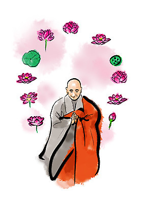 PSD 남자 일러스트 캘리그라피 붓터치 연꽃 한명 사람 상반신 성인 승려 연잎 번짐 승복 합장 수행 성인남자한명만 국내일러스트 1 꽃 잎 손짓 성직자 남자한명만 성인남자만 파일형식 효과