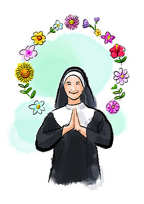 PSD 여자 꽃 일러스트 캘리그라피 붓터치 한명 미소 사람 상반신 성인 번짐 손모으기 수녀 수녀복 성인여자한명만 국내일러스트 식물 1 표정 손짓 천주교 여자한명만 성인여자만 파일형식 효과