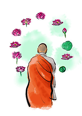 PSD 남자 일러스트 캘리그라피 붓터치 연꽃 한명 사람 상반신 성인 승려 연잎 번짐 승복 수행 성인남자한명만 국내일러스트 1 꽃 잎 성직자 남자한명만 성인남자만 파일형식 효과