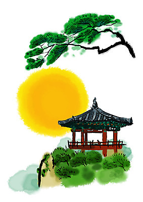 PSD 일러스트 캘리그라피 붓터치 풍경 사람없음 보름달 소나무 정자 번짐 국내일러스트 나무 건축물 달 파일형식 효과