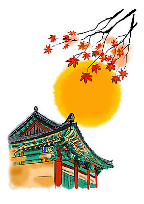 PSD 단풍 고건축 한국건축 일러스트 캘리그라피 붓터치 풍경 사람없음 보름달 가을 번짐 처마 기와지붕 국내일러스트 건축물 계절 건축 잎 지붕 기와 달 파일형식 효과