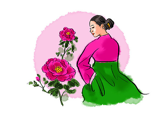 PSD 한국전통 여자 꽃 포즈 일러스트 캘리그라피 붓터치 한명 사람 상반신 성인 한국인 뒤돌아보기 한복 번짐 성인여자한명만 국내일러스트 식물 1 전통 모션 한국 동양인 전통의상 여자한명만 성인여자만 파일형식 효과