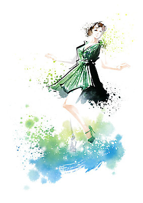 전신 PSD 원피스 여자 포즈 일러스트 캘리그라피 팔벌리기 붓터치 한명 미소 사람 성인 초록색 번짐 성인여자한명만 국내일러스트 1 옷 컬러 모션 표정 여자한명만 성인여자만 파일형식 효과