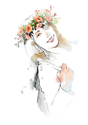 PSD 여자 일러스트 캘리그라피 붓터치 한명 미소 사람 상반신 성인 화관 번짐 백팩 성인여자한명만 국내일러스트 1 꽃 가방 표정 여자한명만 성인여자만 파일형식 효과