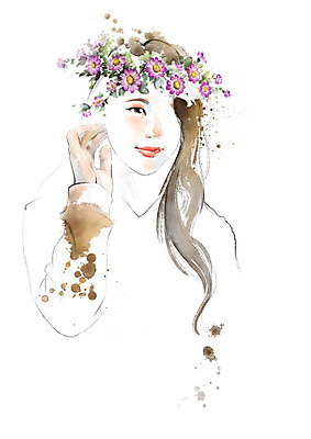 PSD 여자 일러스트 캘리그라피 붓터치 한명 미소 사람 상반신 성인 화관 번짐 성인여자한명만 국내일러스트 1 꽃 표정 여자한명만 성인여자만 파일형식 효과