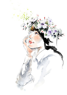 PSD 응시 여자 일러스트 캘리그라피 붓터치 한명 사람 상반신 성인 화관 턱괴기 번짐 성인여자한명만 국내일러스트 1 시선 꽃 모션 여자한명만 성인여자만 파일형식 효과
