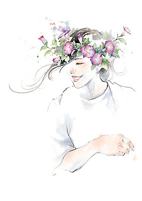 PSD 여자 일러스트 캘리그라피 붓터치 한명 미소 사람 상반신 성인 눈감음 화관 번짐 성인여자한명만 국내일러스트 1 꽃 모션 표정 여자한명만 성인여자만 파일형식 효과