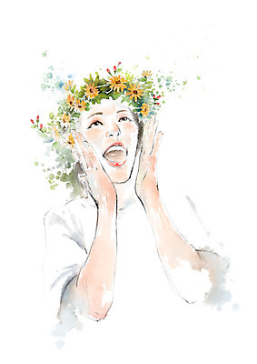 PSD 여자 일러스트 캘리그라피 붓터치 한명 미소 사람 손짓 상반신 성인 화관 외침 즐거움 번짐 성인여자한명만 국내일러스트 1 꽃 감정 모션 표정 소리 여자한명만 성인여자만 파일형식 효과