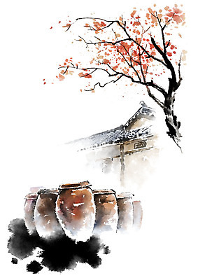 PSD 나무 일러스트 캘리그라피 붓터치 기와집 풍경 사람없음 시골 항아리 번짐 국내일러스트 식물 한옥 도자기 파일형식 효과