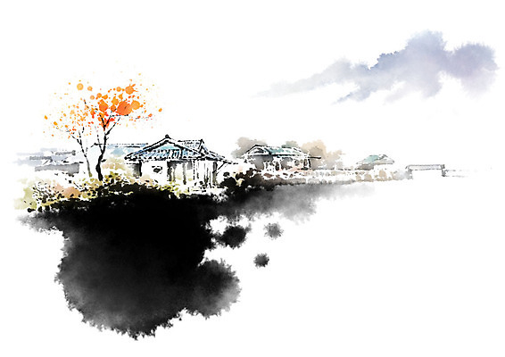 PSD 나무 일러스트 캘리그라피 붓터치 주택 풍경 사람없음 강 시골 강가 번짐 국내일러스트 식물 건물 파일형식 효과