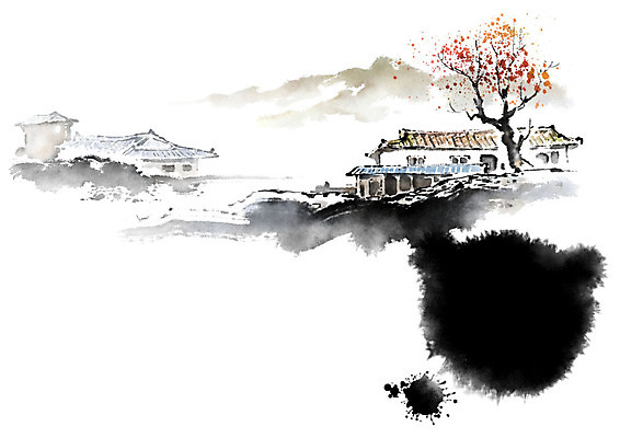 PSD 나무 일러스트 캘리그라피 붓터치 산 주택 풍경 사람없음 강 시골 강가 번짐 국내일러스트 식물 건물 파일형식 효과