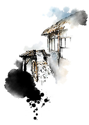 PSD 일러스트 캘리그라피 붓터치 초가집 풍경 사람없음 시골 번짐 물레방아 국내일러스트 한옥 파일형식 효과