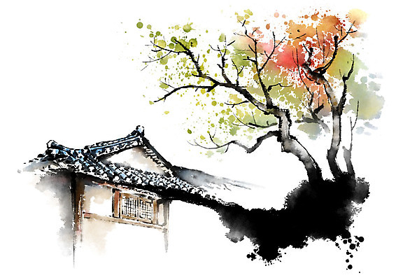 PSD 나무 일러스트 캘리그라피 붓터치 기와집 풍경 사람없음 시골 번짐 전통창문 국내일러스트 식물 전통 창문 한옥 파일형식 효과