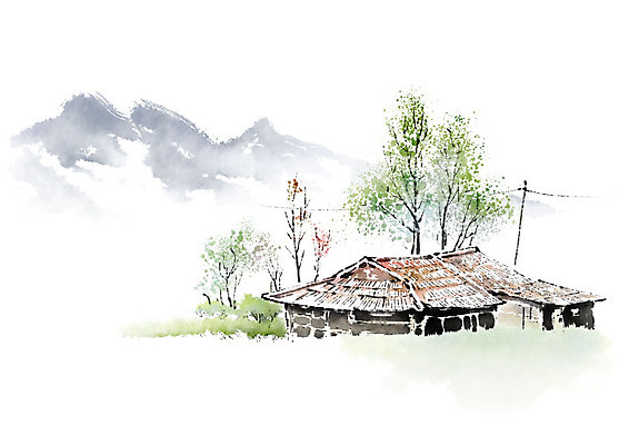 PSD 나무 일러스트 캘리그라피 붓터치 산 풍경 사람없음 전선 시골 시골집 번짐 국내일러스트 식물 주택 파일형식 효과