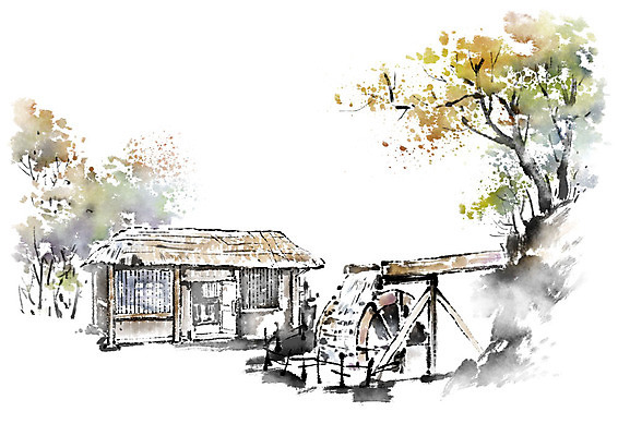 PSD 나무 일러스트 캘리그라피 붓터치 초가집 풍경 사람없음 시골 시골집 번짐 물레방아 국내일러스트 식물 한옥 주택 파일형식 효과