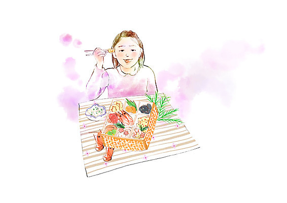 PSD 여자 어린이 일러스트 젓가락 나뭇잎 수채화 새우 한명 미소 사람 상반신 식탁보 먹기 도시락 일본음식 벤또 소녀한명만 맛있는 국내일러스트 1 음식 잎 모션 수저 표정 갑각류 여자한명만 소녀만 파일형식