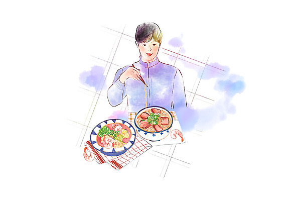 PSD 남자 일러스트 캘리그라피 젓가락 붓터치 수채화 새우 한명 미소 사람 상반신 성인 식탁보 라멘 번짐 일본음식 성인남자한명만 국내일러스트 1 음식 수저 표정 갑각류 면류 남자한명만 성인남자만 파일형식 효과