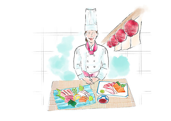 PSD 여자 일러스트 수채화 요리사모자 한명 미소 사람 상반신 성인 생선회 식탁보 조리복 일식요리사 일식집 일본음식 성인여자한명만 국내일러스트 모자_잡화 1 음식 유니폼 표정 식당 요리사 회 여자한명만 성인여자만 파일형식