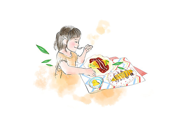 PSD 여자 어린이 일러스트 나뭇잎 수채화 한명 미소 사람 상반신 식탁보 먹기 단무지 오므라이스 일본음식 소녀한명만 맛있는 국내일러스트 1 음식 잎 모션 표정 계란요리 여자한명만 소녀만 파일형식