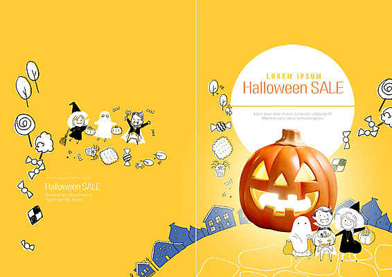 PSD 템플릿 북디자인 여자 표지 남자 어린이 리플렛 북커버 사탕 팜플렛 여러명 노란색 세일 할로윈 마녀복장 잭오랜턴 코스프레 어린이만 이미지템플릿 컬러 다수 디저트 사람 이벤트의상 파일형식