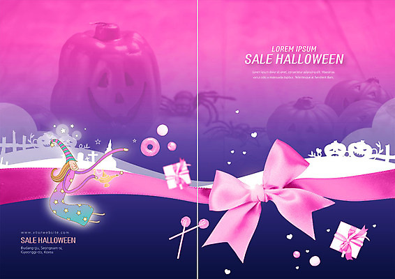 PSD 템플릿 북디자인 여자 표지 리본 리플렛 분홍색 북커버 사탕 한명 팜플렛 선물상자 보라색 할로윈 마술사 잭오랜턴 이미지템플릿 1 컬러 디저트 선물 사람 상자 마술 파일형식