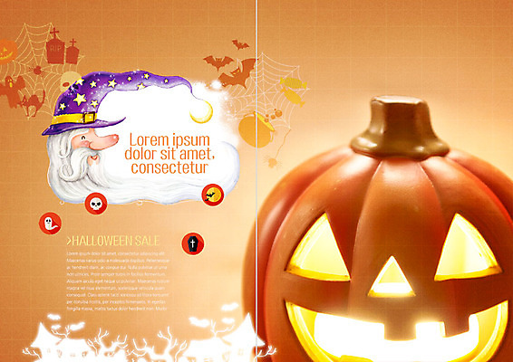 PSD 템플릿 북디자인 내지 리플렛 북커버 팜플렛 사람없음 주황색 할로윈 마법사 공동묘지 거미줄 잭오랜턴 이미지템플릿 컬러 무덤 파일형식