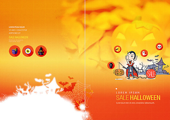 PSD 템플릿 북디자인 표지 리플렛 북커버 팜플렛 사람없음 세일 주황색 할로윈 성 거미줄 드라큘라 잭오랜턴 이미지템플릿 건축물 컬러 파일형식