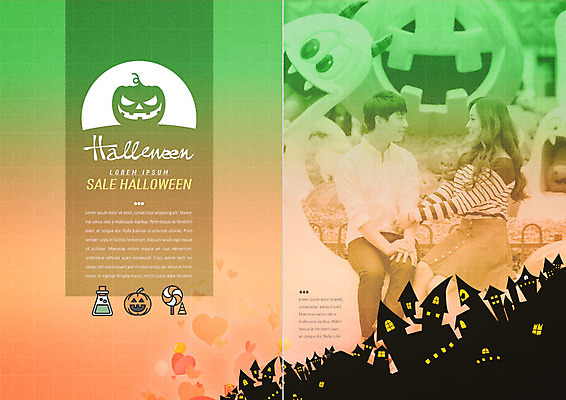 PSD 템플릿 북디자인 커플 여자 남자 내지 리플렛 북커버 팜플렛 20대 성인 두명 마주보기 할로윈 한국인 성 잭오랜턴 성인만 이미지템플릿 건축물 관계 모션 사람 동양인 청년 파일형식
