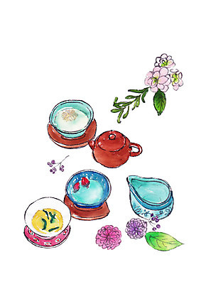 PSD 꽃잎 일러스트 캘리그라피 붓터치 나뭇잎 사람없음 전통차 찻잔 다기 찻주전자 번짐 국내일러스트 꽃 잎 주전자 잔 차_음료 다도 파일형식 효과