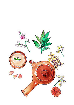 PSD 꽃잎 꽃 일러스트 캘리그라피 붓터치 나뭇잎 사람없음 전통차 찻잔 다기 찻주전자 번짐 국내일러스트 식물 잎 주전자 잔 차_음료 다도 파일형식 효과