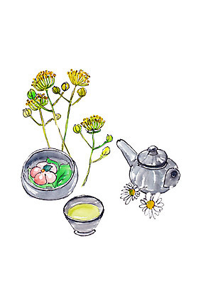 PSD 꽃잎 꽃 일러스트 캘리그라피 붓터치 나뭇잎 사람없음 전통차 찻잔 다기 찻주전자 번짐 국내일러스트 식물 잎 주전자 잔 차_음료 다도 파일형식 효과