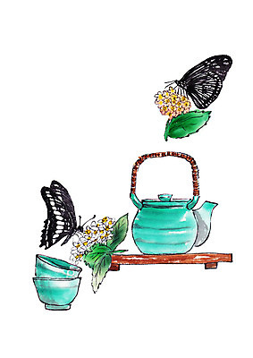 PSD 꽃 나비 두마리 일러스트 캘리그라피 붓터치 나뭇잎 사람없음 전통차 찻잔 다기 찻주전자 번짐 나무쟁반 국내일러스트 식물 곤충 잎 2 주전자 잔 쟁반 목재 차_음료 다도 파일형식 효과