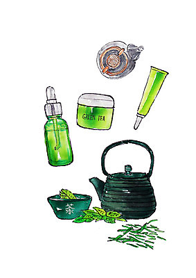 PSD 일러스트 수채화 사람없음 초록색 연두색 뷰티 화장품 찻잔 다기 찻주전자 녹차 번짐 찻잎 천연화장품 국내일러스트 컬러 주전자 잔 차_음료 다도 파일형식 효과