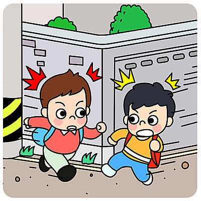 전신 남자 어린이 일러스트 안전 사람 두명 달리기 스쿨라이프 놀람 코너 충돌 안전수칙 어린이만 소년만 국내일러스트 AI파일 라이프스타일 감정 학교 모션 표정 남자만 파일형식 벡터