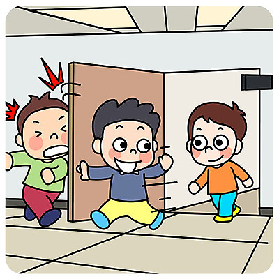 전신 응시 남자 어린이 일러스트 교실 안전 사람 세명 스쿨라이프 문 놀람 인사 복도 충돌 안전수칙 안녕 어린이만 국내일러스트 AI파일 라이프스타일 시선 교육 감정 학교 표정 예절 파일형식 벡터