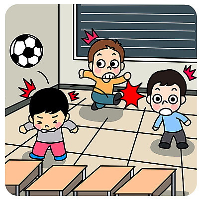 전신 남자 어린이 일러스트 축구공 교실 학교 안전 사람 세명 스쿨라이프 놀람 찡그림 책상 안전수칙 공차기 어린이만 국내일러스트 AI파일 라이프스타일 교육 감정 가구 공 축구용품 모션 표정 파일형식 벡터