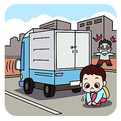 전신 남자 도로 어린이 일러스트 안전 사람 두명 스쿨라이프 놀람 트럭 위험 안전수칙 신발끈묶기 어린이만 국내일러스트 AI파일 라이프스타일 감정 길 컨셉 학교 교통시설 자동차 표정 묶기 신발끈 파일형식 벡터