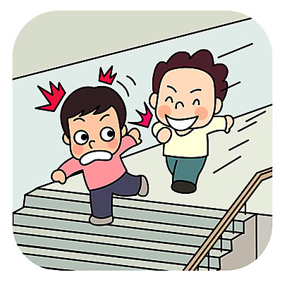 전신 남자 어린이 일러스트 장난 학교 미소 안전 사람 두명 스쿨라이프 계단 놀람 밀기 위험 안전수칙 어린이만 국내일러스트 AI파일 라이프스타일 교육 감정 컨셉 모션 표정 파일형식 벡터