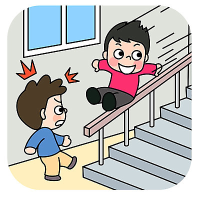 전신 남자 어린이 일러스트 장난 난간 학교 안전 사람 두명 스쿨라이프 계단 놀람 미끄러짐 위험 안전수칙 어린이만 내려오기 국내일러스트 AI파일 라이프스타일 교육 감정 컨셉 모션 표정 파일형식 벡터